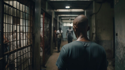 Fictitious bald man confronts his new reality in a prison in the Dominican Republic AI generative - obrazy, fototapety, plakaty