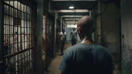Gordijnen Fictitious bald man confronts his new reality in a prison in the Dominican Republic AI generative © Jordan