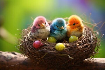 Cute baby birds in a nest with vibrant eggs outside. Generative AI