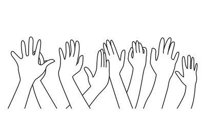 Group Of People Hands raised, Isolated line art vector  On white background.
