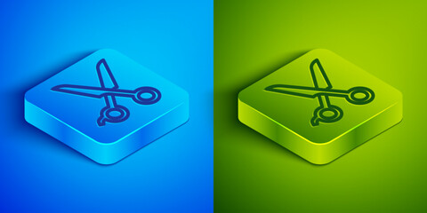 Isometric line Scissors hairdresser icon isolated on blue and green background. Hairdresser, fashion salon and barber sign. Barbershop symbol. Square button. Vector