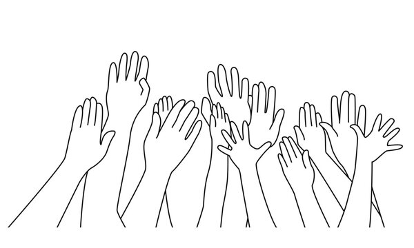 Group of Hands in the air isolated vector line art Black and white icon.