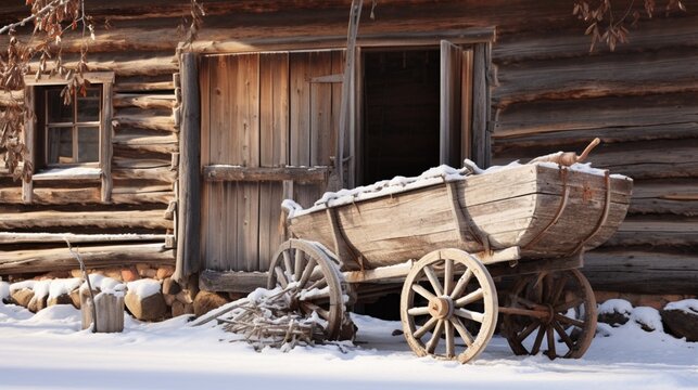 A rustic wooden sled leaning against the side of a barn, dusted with snow.