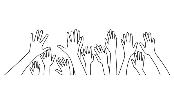 Many people's hands up vector isolated on white background. Various hands lifted up in the air line art .