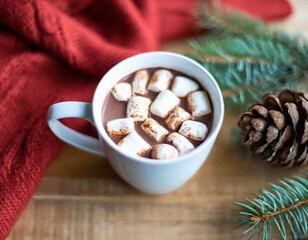 Fototapeta na wymiar Hot cocoa, hot chocolate, christmas drink, winter, holidays, marshmallows, blanket, fir, christmas tree branch, fir branch, fir cone, mug, red, white, green