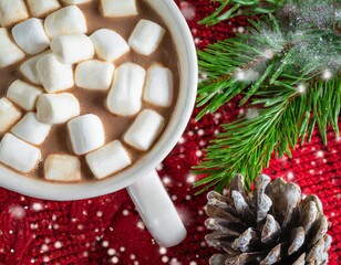 Hot cocoa, hot chocolate, christmas drink, winter, holidays, marshmallows, blanket, fir, christmas tree branch, fir branch, fir cone, mug, red, white, green