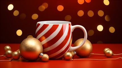Obraz na płótnie Canvas Cup of Coffee in a New Year's Red and White Striped Mug with Copy Space and a Red Xmas Ball on a Red Background - Holiday Cheer Concept