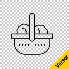 Black line Shopping basket and food icon isolated on transparent background. Food store, supermarket. Vector