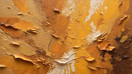 Fototapeta premium Closeup of abstract yellow, brown, golden earth tones texture background. Oil, acrylic brushstroke, pallet knife paint on canvas (Generative Ai)