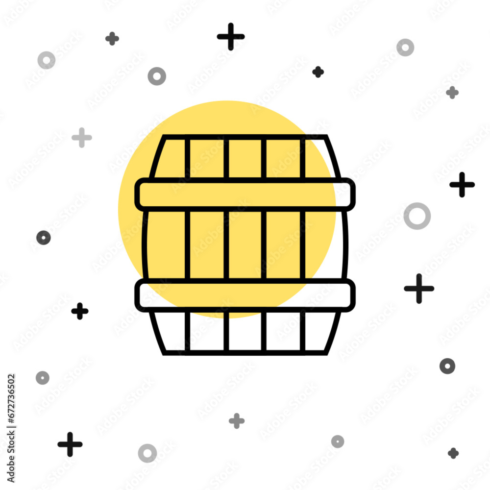 Poster Black line Wooden barrel icon isolated on white background. Alcohol barrel, drink container, wooden keg for beer, whiskey, wine. Random dynamic shapes. Vector