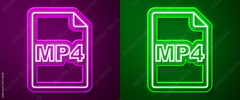 Poster Glowing neon line MP4 file document. Download mp4 button icon isolated on purple and green background. MP4 file symbol. Vector