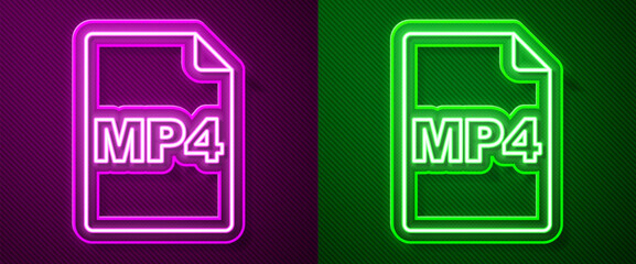 Fototapeta premium Glowing neon line MP4 file document. Download mp4 button icon isolated on purple and green background. MP4 file symbol. Vector