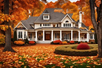 Autumn Mansion in Residential Suburb with Tree-Lined Front Yard