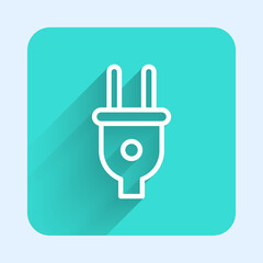 White line Electric plug icon isolated with long shadow background. Concept of connection and disconnection of the electricity. Green square button. Vector