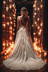 Back view beautiful bride in wedding luxury dress with lace and flowers in the interior with burning candles. Brunette young woman wears bridal white dress.