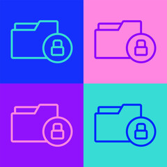 Pop art line Folder and lock icon isolated on color background. Closed folder and padlock. Security, safety, protection concept. Vector