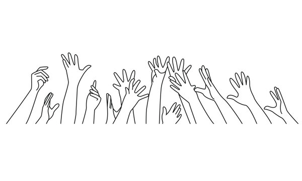 Many people's hands up isolated on white background. Various hands lifted up in the air line art vector,
