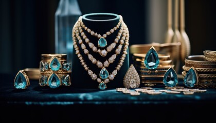 Photo of a Table Overflowing With Sparkling Jewelry and a Bottle - obrazy, fototapety, plakaty