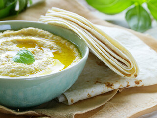 traditional chickpea dish hummus with olive oil