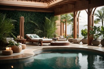 Fototapeta premium Luxury spa resort and wellness haven. Exotic resort, relaxing background with jacuzzi. Generative AI.