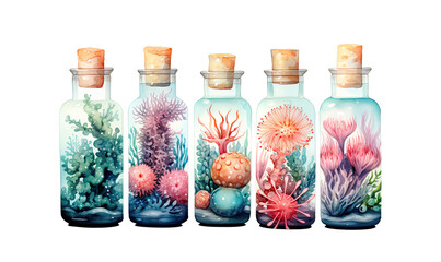 Obraz na płótnie Canvas Watercolor, glass bottles with corals isolated on a white background
