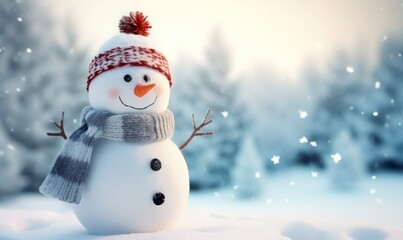 Happy snowman in winter landscape