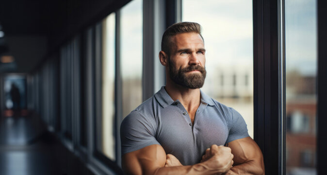 Hombre Joven guapo fuerte musculado en camisa mirando hacia el horizonte