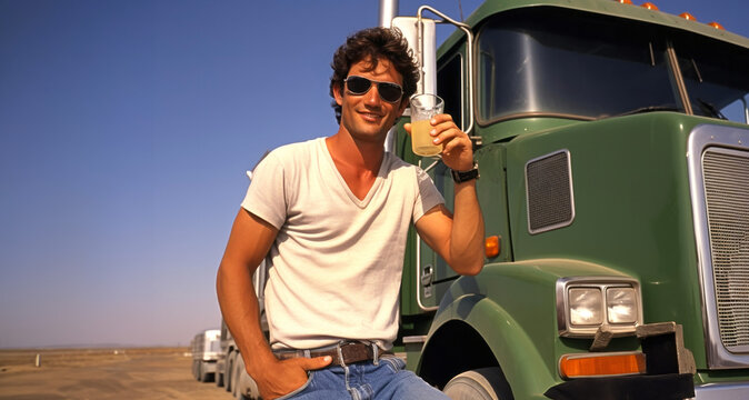 Joven Hombre sosteniendo una bebida refrescante delante de un camion transportista