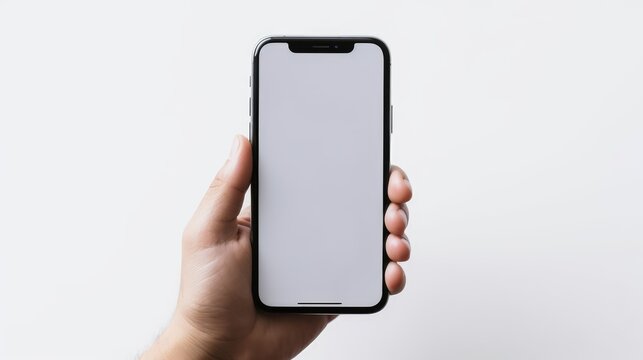 Man hand holding the smartphone with a blank screen isolated on a white background. Device mockup, mobile mockup concept. Generative AI