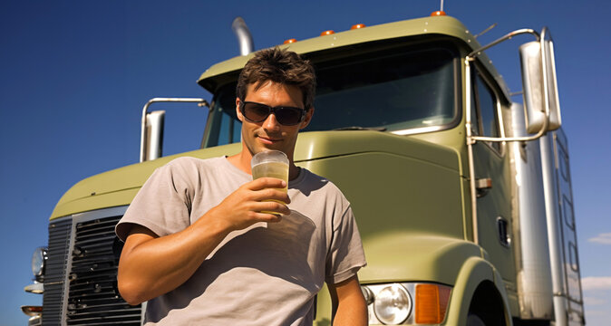 Joven hombre tomando una cerveza delante de un camion