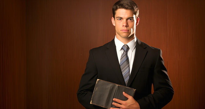 Hombre Joven Rubio guapo en traje negro formal y corbata mirando al frente fondo marron