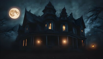 Fototapeta na wymiar Haunted Hideaway: The Illuminated Halloween Castle in the Forest.