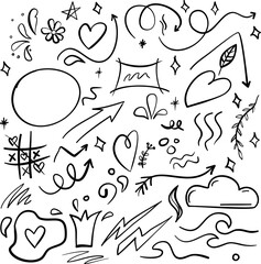 Hand drawn doodle vector set. Decorative doodles. Hand drawn pointing arrow, outline shapes and doodle frames. Ink signs decoration ornament, line curved arrow, heart and circle sketch isolated vector