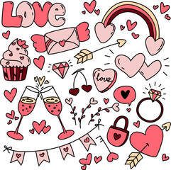 Cute valentines day doodle vector set. Hand drawn fashion elements for kids. Love and animal , Labels, gift box , heart, arrow, wings, flowers set, cute cat, women, start, plant vector illustration.