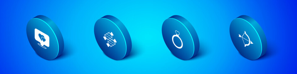Set Isometric Location with heart, Wedding rings, Bow and arrow and Candy icon. Vector