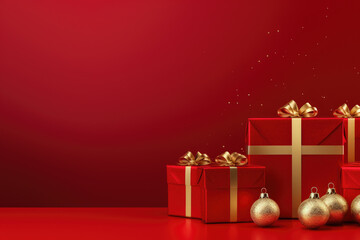 Red christmas decorations with golden presents, ribbons and clocks on colorful christmas red background. Copy/blank space for text.