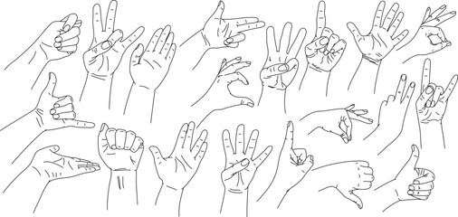 Hand collection line. Vector Illustration of hands of different gestures - victory, okay. Lineart in a trendy minimalist style. Logo design, hand cream, nail Studio, posters, cards. 