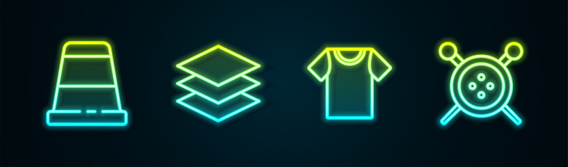 Set line Thimble for sewing, Layers clothing textile, T-shirt and Sewing button and knitting needles. Glowing neon icon. Vector - obrazy, fototapety, plakaty