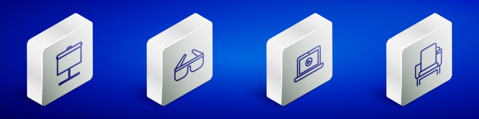 Set Isometric line Projection screen, 3D cinema glasses, Online play video and Cinema chair icon. Vector