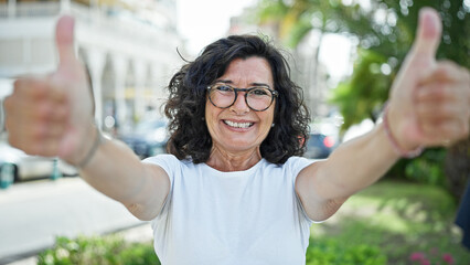 Middle age hispanic woman smiling confident doing ok sign with thumbs up at park