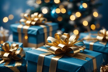Blue gift box with ribbon and golden bow. Generative AI.