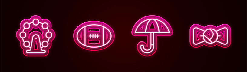 Fototapeta premium Set line London eye, Rugby ball, Umbrella and Bow tie. Glowing neon icon. Vector