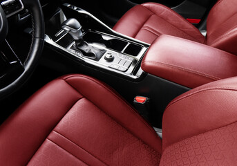 Modern car Interior. Steering wheel, shift lever and dashboard. Detail of modern car interior....