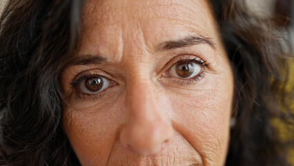 Middle age hispanic woman close up of eyes at home