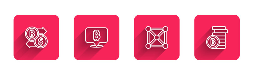 Set line Cryptocurrency exchange, Bitcoin, Blockchain technology and with long shadow. Red square button. Vector