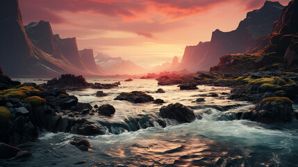 breathtaking landscape with waterfall in the mountains background 16:9 widescreen backdrop wallpapers