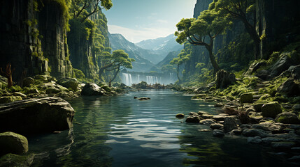 breathtaking landscape with river in the forest and trees background 16:9 widescreen backdrop wallpapers
