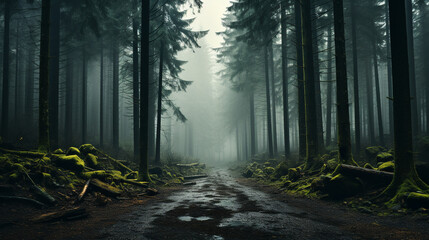 breathtaking landscape with road in the misty woods background 16:9 widescreen backdrop wallpapers - Powered by Adobe