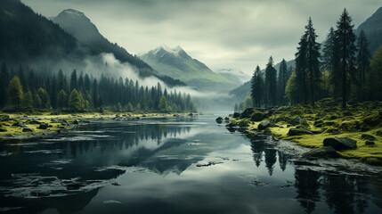 breathtaking landscape with misty lake in mountains background 16:9 widescreen backdrop wallpapers