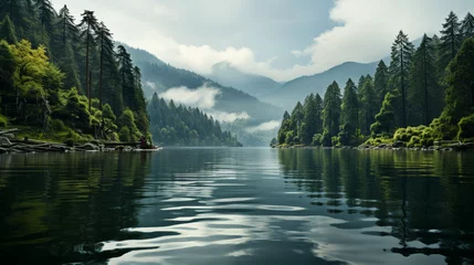 Fotobehang breathtaking landscape with misty lake in mountains background 16:9 widescreen backdrop wallpapers © elementalicious